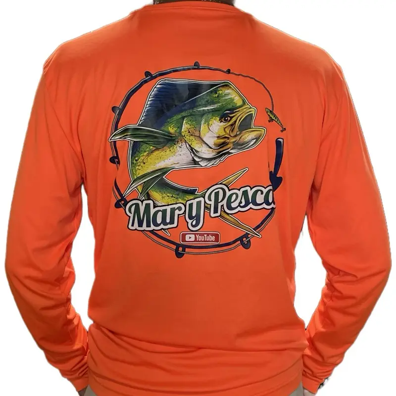 Camisa de pesca anaranjada manga larga con logo de Mar Y Pesca