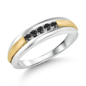 Gem Stone King Black Diamond Satin Finish Wedding Band Ring For Men | 925 Sterling Silver and 10K Yellow Gold  | 0.17 Cttw | Round 2MM | Available In Size 7, 8, 9, 10, 11, 12, 13