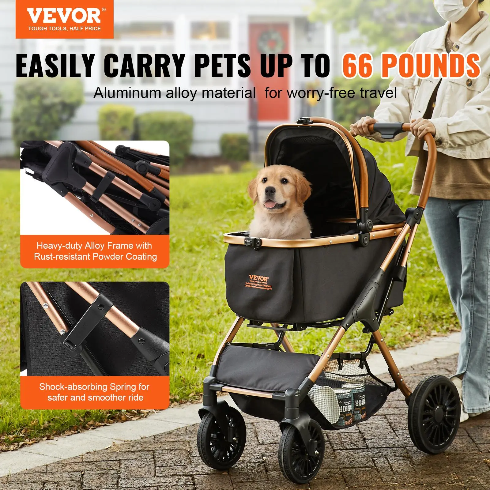 【summerfinds】VEVOR Pet Stroller, 4 Wheels Dog Stroller Rotate with Brakes, 66 lbs Weight Capacity, Puppy Stroller with Detachable Carrier, Storage Basket and Pet Pad, for Small to Medium Sized Dogs, Black