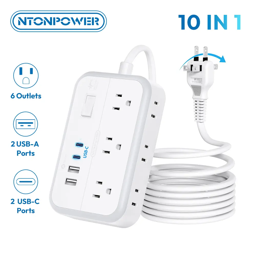 NTONPOWER 10FT Extension Cord 2 Prong, 2 Prong to 3 Prong Outlet Adapter, 1875W 2 Prong Power Strip with 4 USB Ports(2 USB C),Wall Mount Flat Plug Extension Cord Old House
