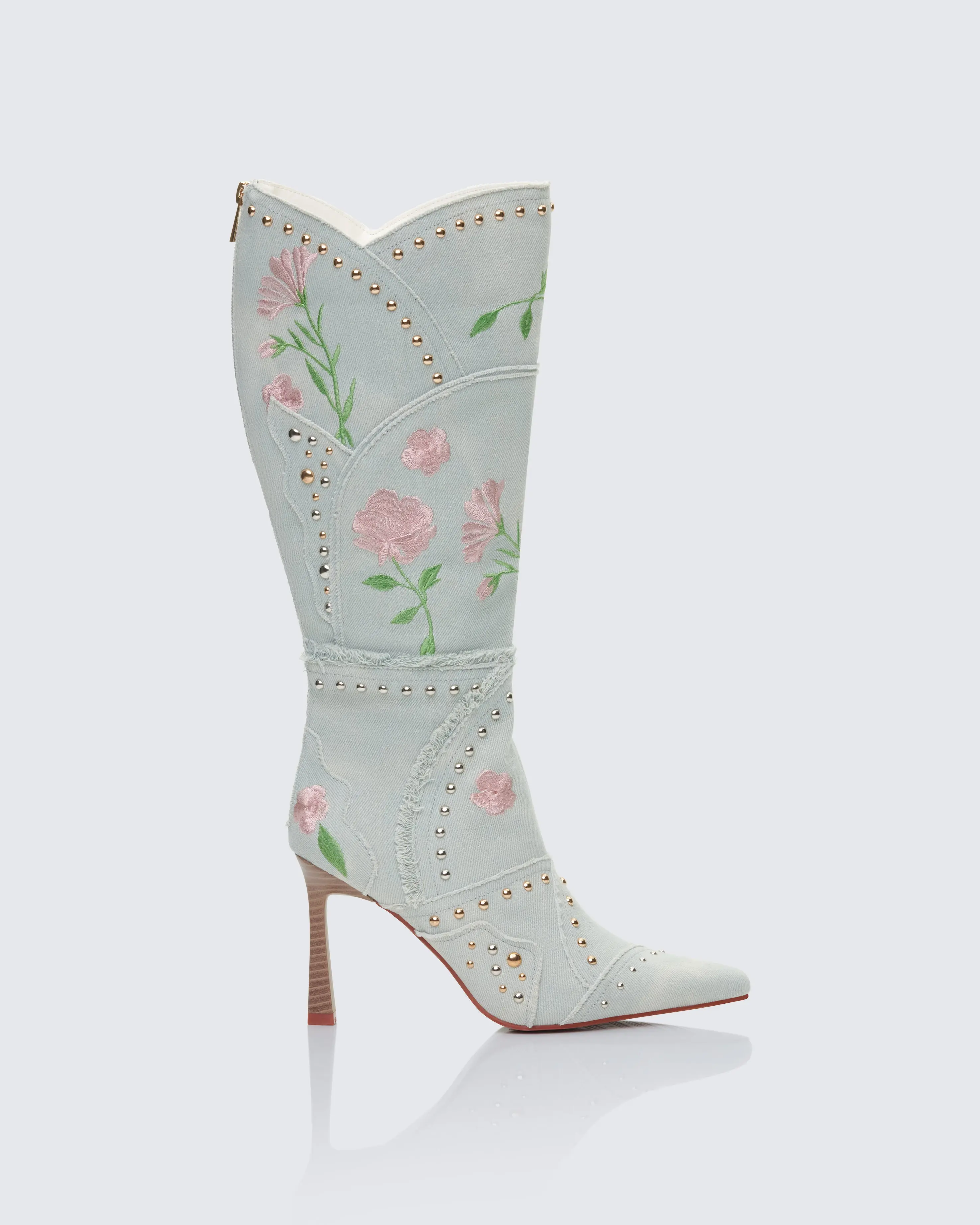 Women's Carmen Blue Denim Embroidered Boot - Cowboy Aesthetic Stiletto Shoe, Women's Fashion Footwear