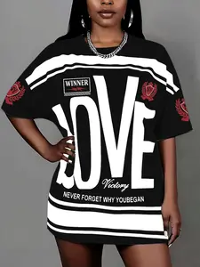 Plus Size Curvy Love Letter Graphic Print Oversized T-Shirt Dress, Vintage Streetwear Street Style Sporty Loose Fit Casual Short Sleeve Dress, Summer Home Night Out Vacation Wear