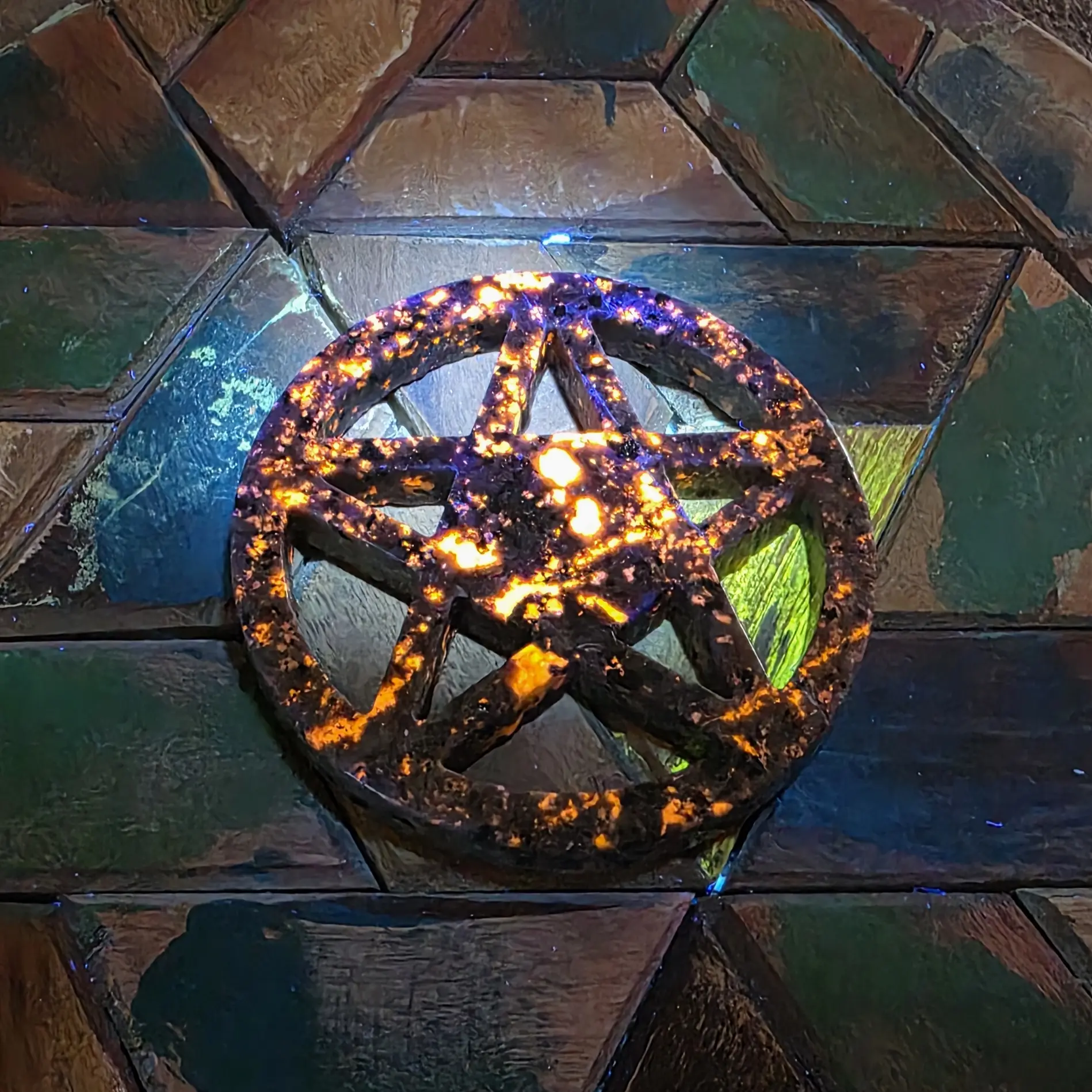 UV Reactive Yooperlite Pentacle Carving Mystical Glow Meaningful Symbolism 3.75" Diameter Genuine Stone for Altar Display