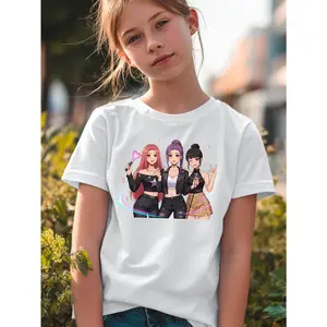 Girls' Fashion Random Print T-Shirt, Comfortable and Soft for Spring/Summer, Party and Spring/Summer T-Shirt, Vacation Holiday Gift, Fun Design, Soft Fabric T-Shirt