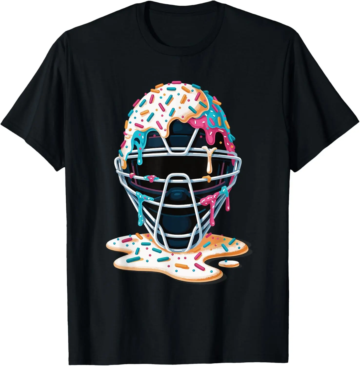 Men's Cotton T-Shirt - Catcher Mask & Ice Cream Dripping Print for Baseball Fan Boys
