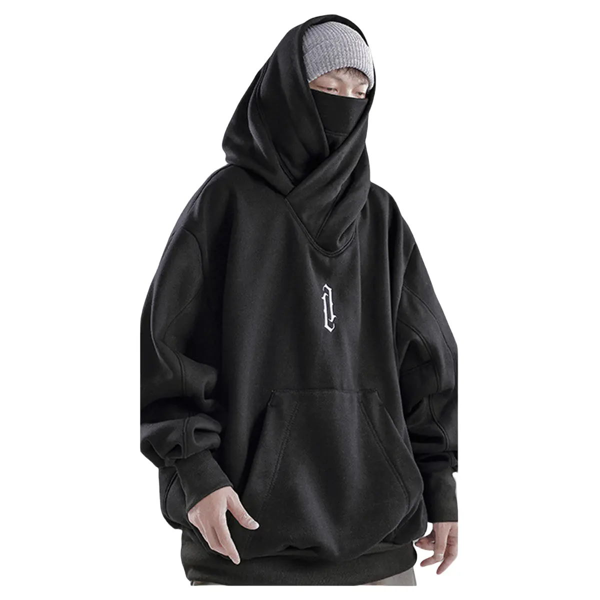 Unisex Oversize Ninja Double Neckline Cotton Hip Hop Hoodie Loose Casual Pocket Hooded Sweatshirts For Daily Outdoor Wear Men Tops Baggy Long Sleeve Black Stylish Pullover Oversized Beige Plain