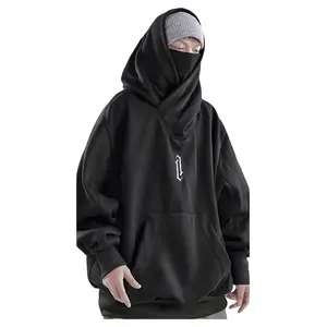 Unisex Oversize Ninja Double Neckline Cotton Hip Hop Hoodie Loose Casual Pocket Hooded Sweatshirts For Daily Outdoor Wear Men Tops Baggy Long Sleeve Black Stylish