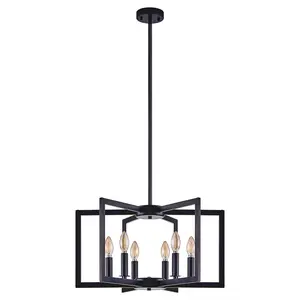 22-Inch 6-Light Industrial Iron Metal Pendant Light Fixture, Black, Modern Geometric, Adjustable Height, for Living Room, Dining Room Indoor Lighting