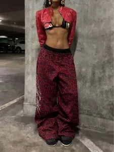 Unisex Leopard Print Punk Style Letter Stripe Long Pants, Vintage Streetwear Double Layered Jeans, Y2K Fashion Trendy