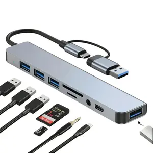 USB-C 8-Port Hub Expander with 4 USB 3.0 Ports, USB-C Port, SD/TF Card Reader, 3.5mm Audio Jack, High-Speed Data Transfer Hub for iPhone 15/16/17, iPad Pro, MacBook, Laptop & Galaxy Devices