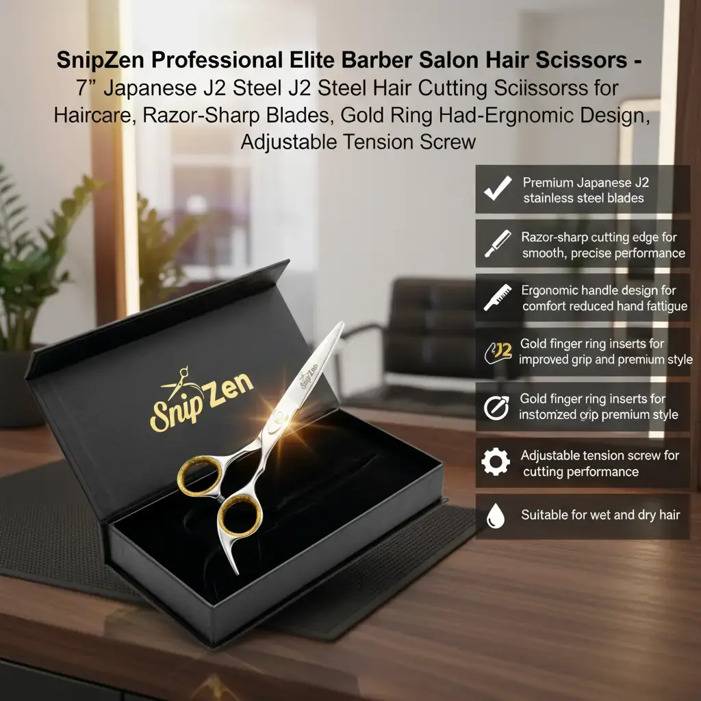 SNIPZEN 7-inch Professional Barber Scissors, Durable J2 Stainless Steel Hair Cutting Shears for Precise Cuts with Gold Ring Handles, Salon Barber Equipment for Adults, Includes Storage
