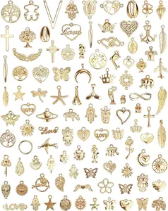 100 Pcs Wholesale Bulk Lots Jewelry Making Charms Mixed Golden KC Gold Alloy Charms Pendants for Necklace Bracelet Crafting Supplies