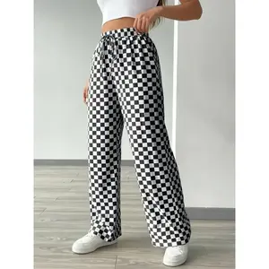 Women's full checkerboard printed drawstring straight leg pants, casual and comfortable high waisted pants, Four Seasons women's daily underwear, women's clothingRAIMENTRY