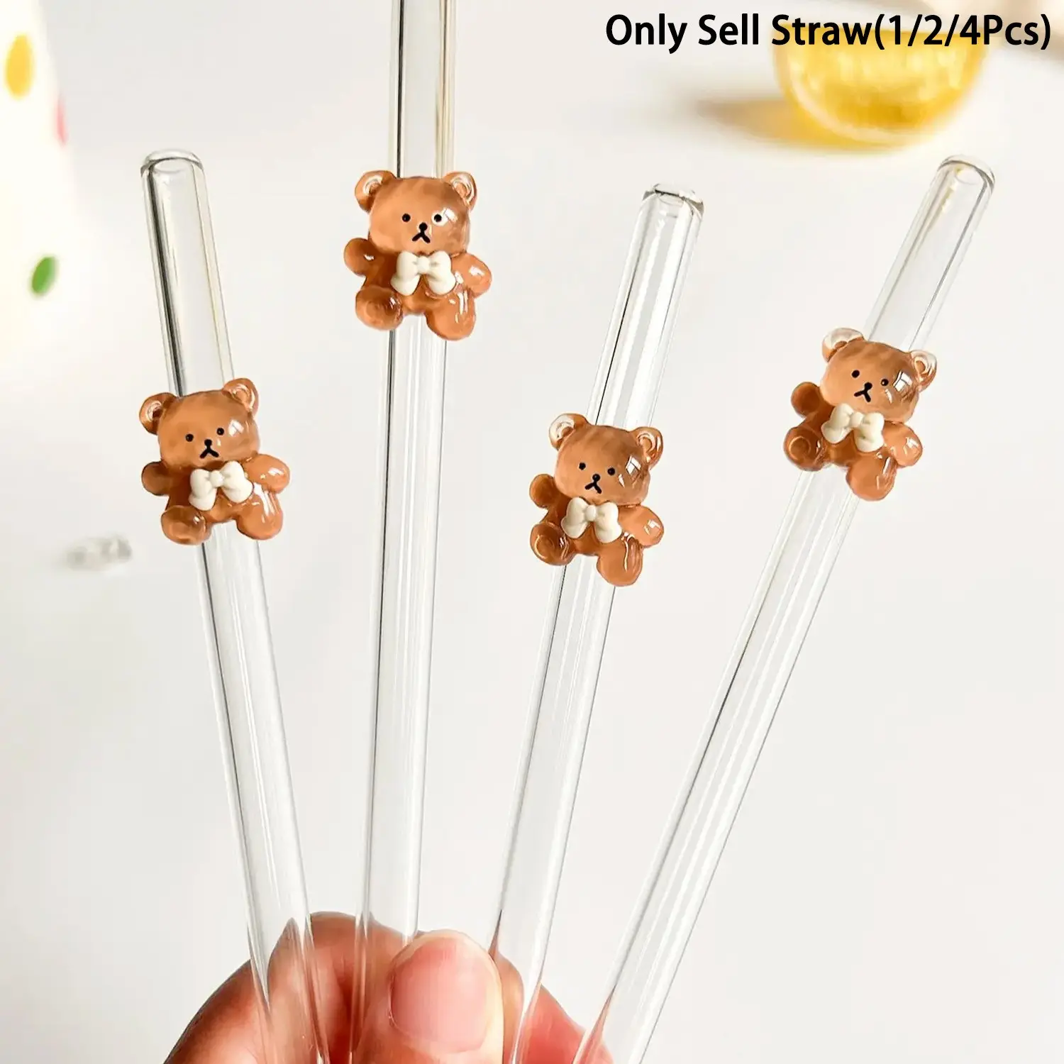 Cartoon Bear Glass Straw Set, Cute Straws, Reusable Bent Transparent Thick Glass Straws, Kitchen & Party Supplies, Home Bar Accessories, Fun Gifts for Friends & Family