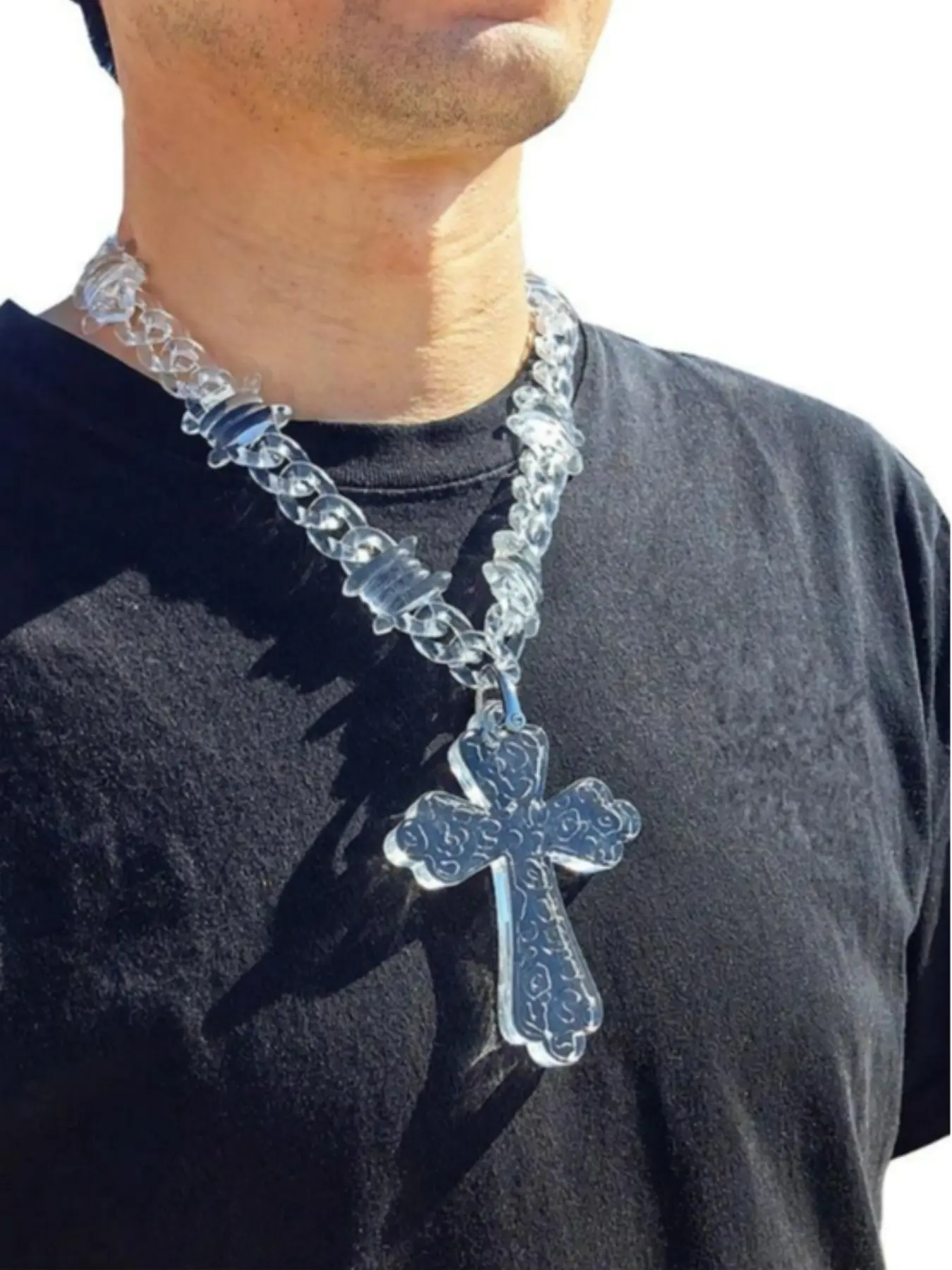 Creative Transparent Resin Acrylic Cross Necklace, Bold Cross Design, Cross Chain Design, Unique Men's Daily Style Jewelry, Punk Style, All Seasons, No Choking Hazard