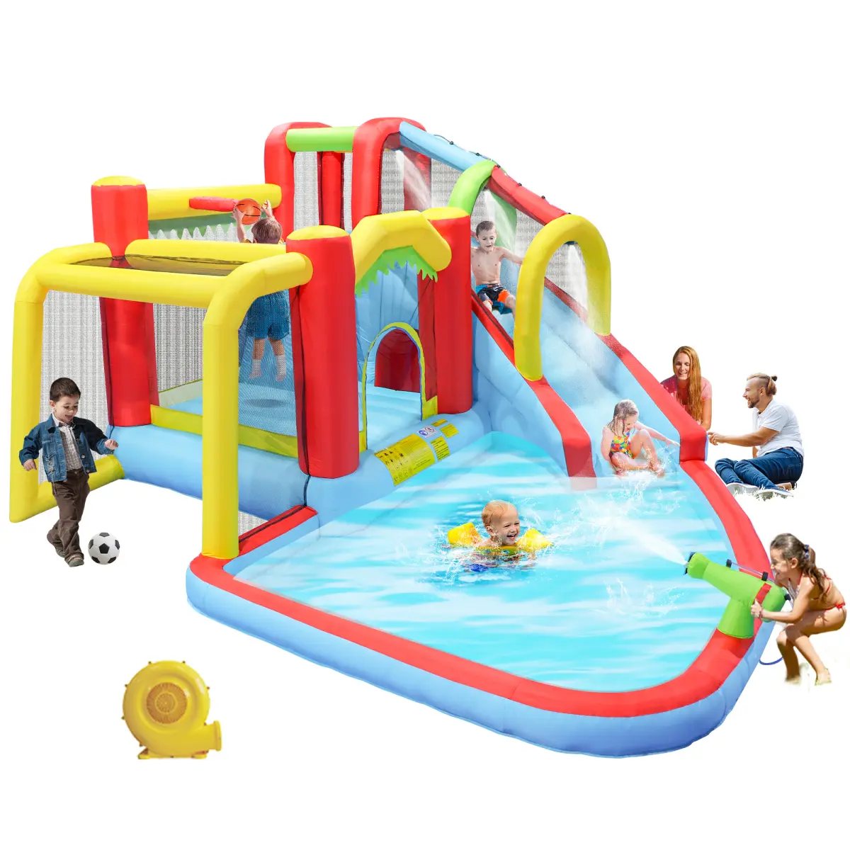 7-in-1 Inflatable Water Park Bounce House Inflatable Playground, Outdoor Kids' Activity Set with Slide, Splash Pool, Water Gun, Climbing Wall, Basketball Hoop, Soccer Goal