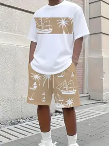 Men's 2-Piece Short Sleeve Shorts Set, Coconut Tree Print Casual Fitted Round Neck T-Shirt, Tropical Summer Vacation Style, Outdoor Sports Comfort, Outfit
