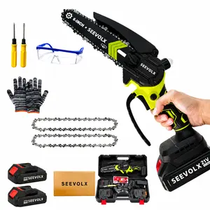 SEEVOLX 6-Inch Cordless Electric Handheld Mini Chainsaw, Branch Cutter Trimmer, with 2Pcs 1300mAh Batteries, 2 Blades, Storage Box, Safety Gear for Tree Trimming, Wood Cutting