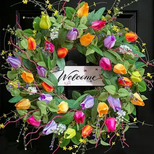 24inch Spring  Wreath with Welcome Sign, Big Size Artificial Floral Door Wreath, Christian Wreath,Curb Appeal,Luxury Floral Wreath with Greenery, Plants, Leaves - Hanging Front Door Decor Outdoor Indoor Home Supplies  for Mother's Day Gift,summervibes