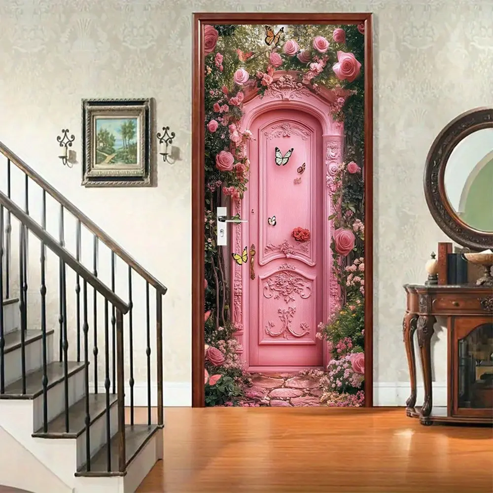 Butterfly & Rose Door Sticker, Self-Adhesive Vintage Floral Wall Decal, Elegant Carved Design for Bedroom Living Room Entrance Decor, Floral Pattern Sticker, Decorative Sticker, Door Decorations, Floral Stickers