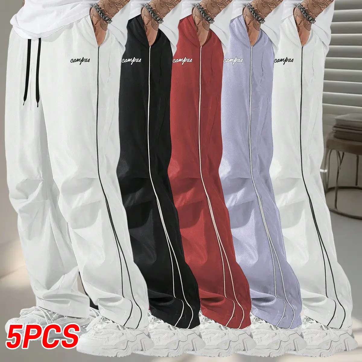 Men's Striped Polyester Embroidered Track Pants - Lightweight Casual Wear with Drawstring Waist, Pockets, Wide-Leg Fit, Matching Sports Clothes for Outdoor, Athletic Use