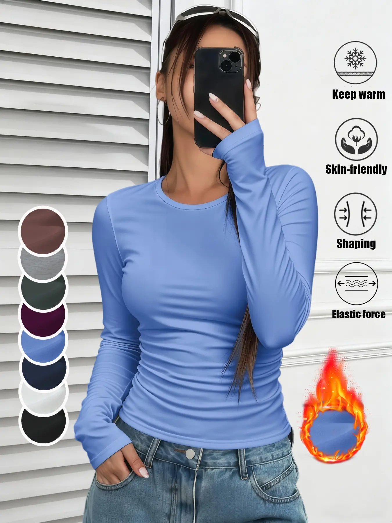 Women's Basic Casual Warm Thermal Underwear Clothing Top, Classic Round Neck Long Sleeve Fitted Shirt, Plain Simple Base Layer, Suitable for Home & Outdoor Wear, 1 Piece