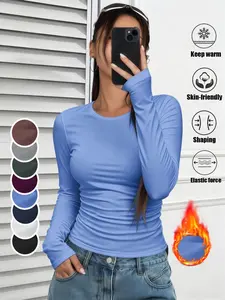 Women's Basic Casual Warm Thermal Underwear Top, Classic Round Neck Long Sleeve Fitted Shirt, Plain Simple Base Layer, Suitable for Home & Outdoor Wear, 1 Piece