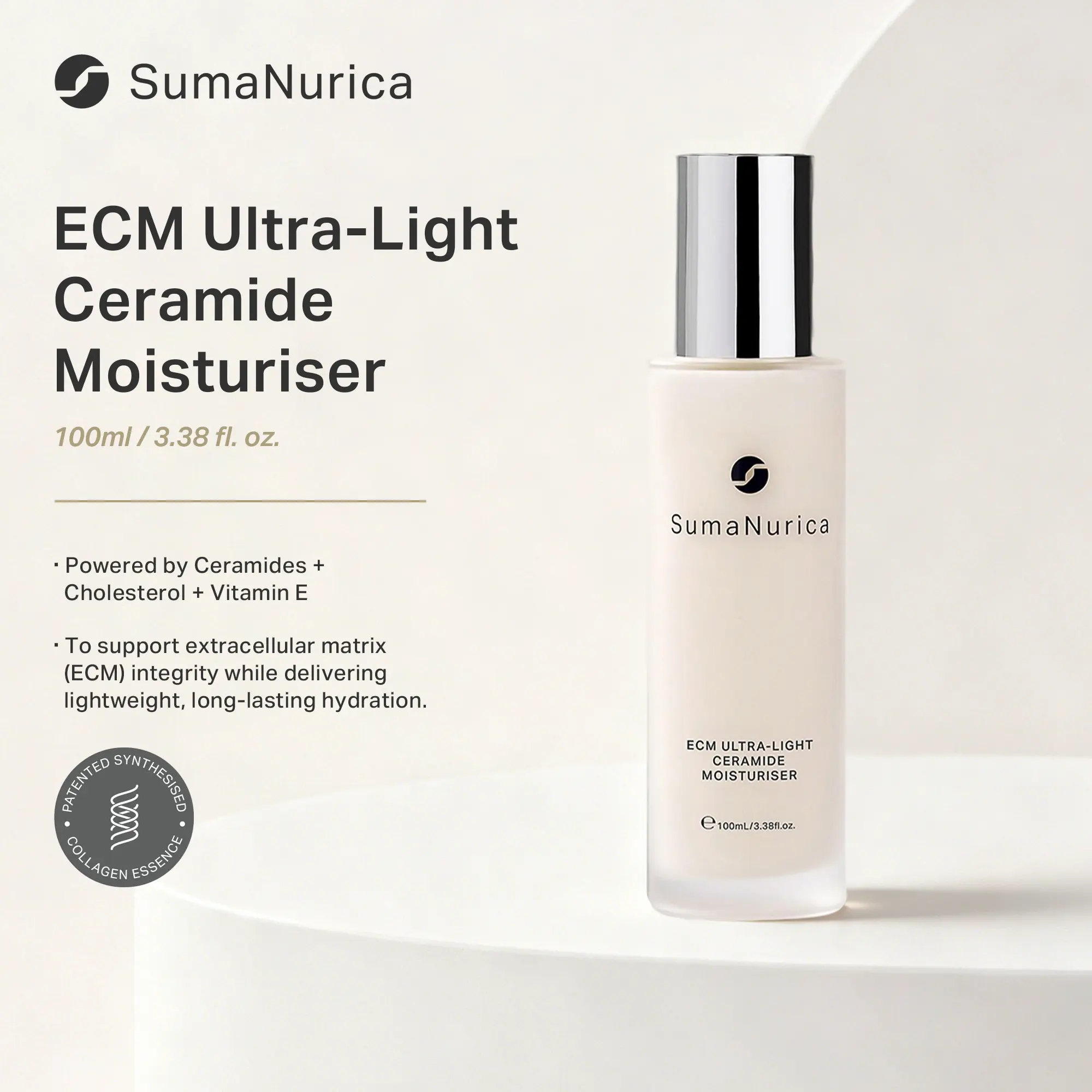 SumaNurica ECM Ultra-Light Ceramide Moisturiser - 100ml Adult Skincare with Cholesterol-Rich Infusion, Acetyl Tetrapeptide-9, Arginine/Lysine Polypeptide, Ceramides, Skin Barrier Repair, All-Day Hydrating Moisturizer, Moisturizing for All Skin Types