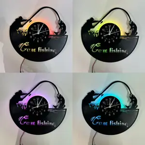 1 PC Fishing-themed Vinyl Record Wall Clock, seven-color silent wall clock, Artistic Room Decoration, Suitable for Home offices, kitchen Decoration, Unique Birthday gift, Christmas decoration, holiday decoration, Ramadan, Thanksgiving, Led Display Clock