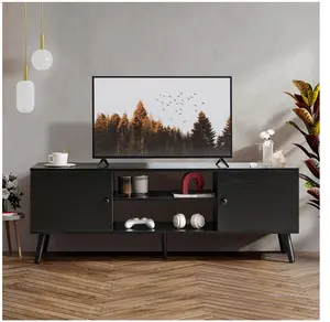 Mid-Century Modern Wooden TV Stand for 55-60” TVs, 2 Storage Cabinets, Adjustable Shelf, Cable Management, Sturdy Legs, Easy Assembly, Black