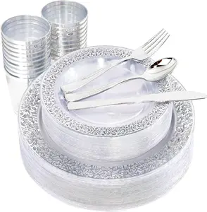 Wellife 150PCS Plastic Plates Dinnerware Set Includes 25 Dinner Plates, 25 Dessert Plates, 25 Tumblers, 25 Forks, 25 Knives,25 Spoons Tableware Dishes