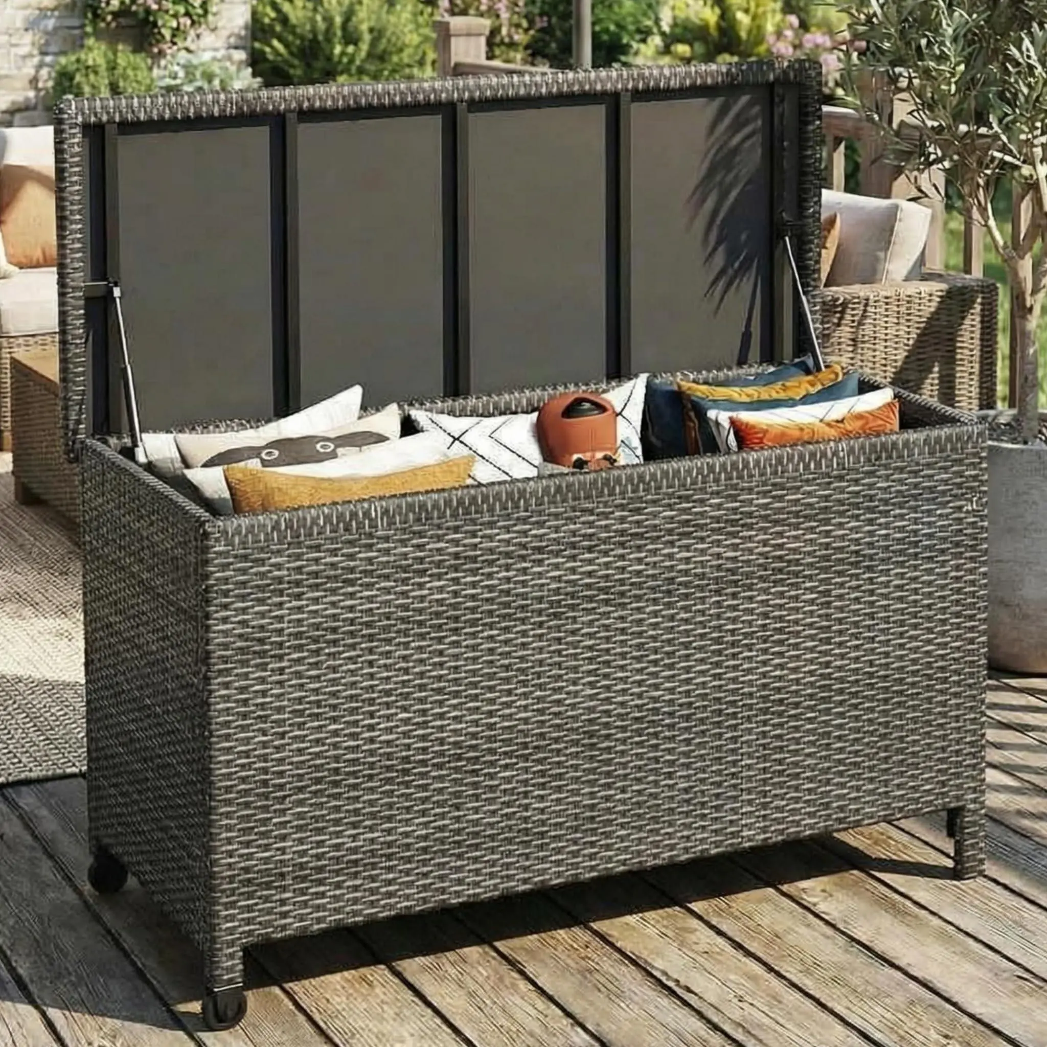 Garvee Extra Large 120 Gallon Outdoor Wicker Deck Storage Box – Waterproof PE Rattan Patio Chest – Heavy-Duty Steel Frame – All-Weather Organizer for Cushions, Garden Tools, Pool Toys –