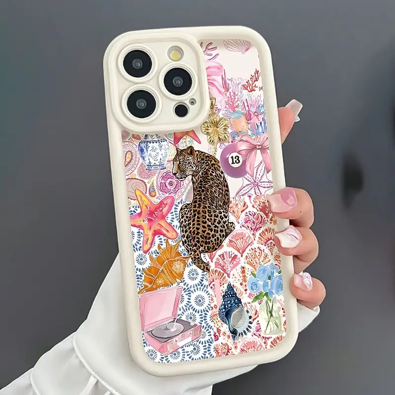 Vintage Collage Leopard TPU Pattern Cellphone Casing, Protective Shockproof Drop-Resistant Rugged Durable Silicone Cover, Multi-Model Accessories for iPhone 17 16 15 14 Pro Max 13 12 11 Air XR XS Plus, Devices