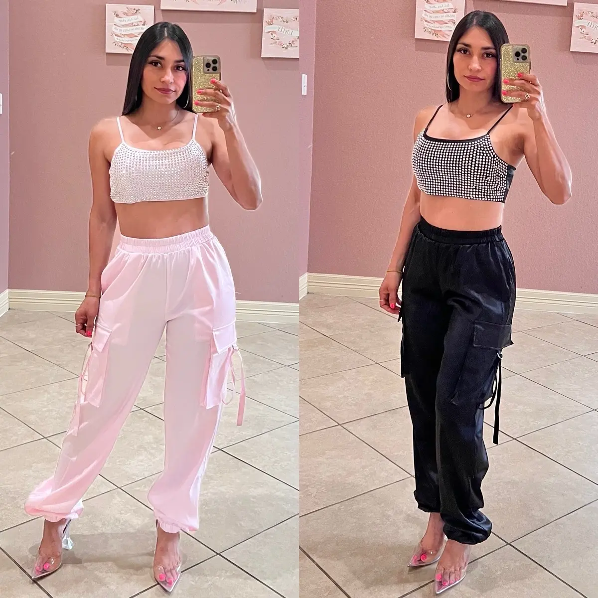 My Life Rhinestone Satin Cargo Pant Set