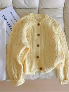 Women's Casual Fitted Yellow Long Sleeve Cardigan, Winter Spring Cable Knit Knitting Sweater, Vintage Round Neck Button Down Hollow Out Top, Knitwear Womenswear