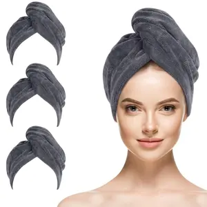 SINLAND Microfiber Hair Drying Cap Hair Towel Turban Twist for Women Fast Drying Towels Head Turban Absorbent Soft Lightweight 3 Pack Grey