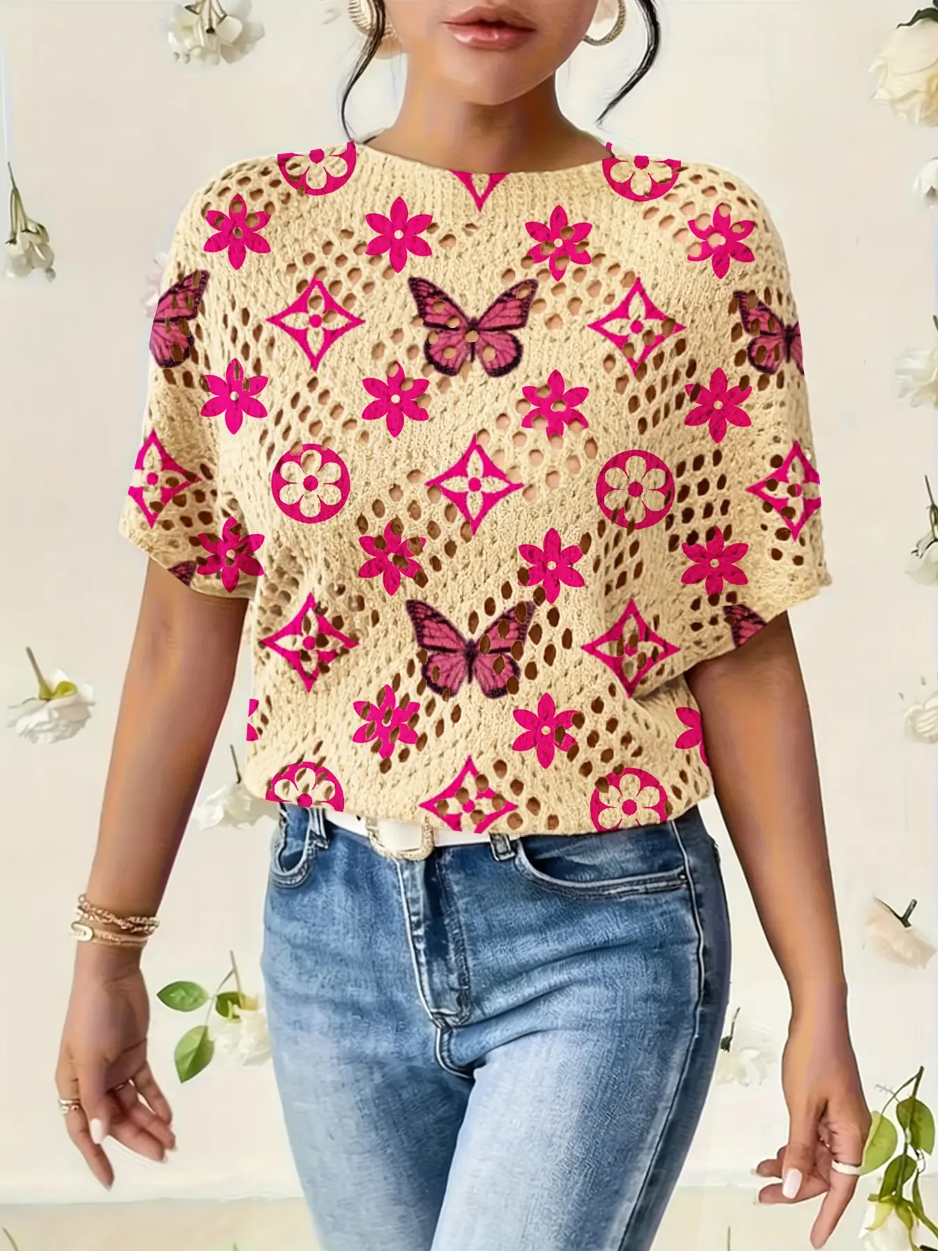 Women's Geometric Butterfly Print Round Neck Fitted Sweater, Casual Batwing Sleeve Knit Top, Comfortable Warm Fall Winter Clothing, Knitwear Style, Aesthetics