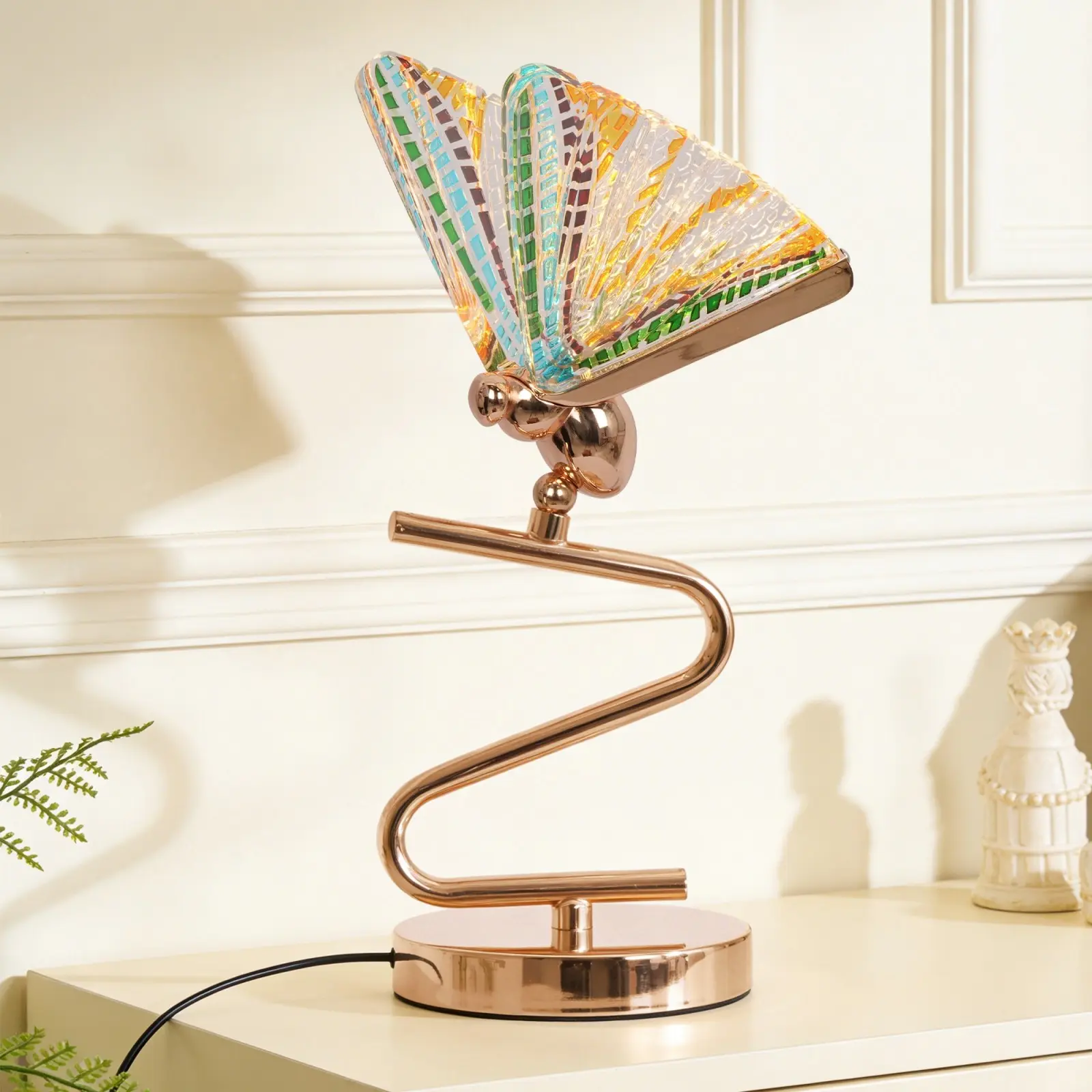 Tiffany Style Butterfly LED Table Lamp, 3-Color Changing Stained Glass Desk Lamp with Gold Metal Base for Bedroom Living Room Decor