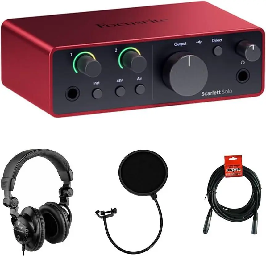 Focusrite Scarlett Solo USB-C Audio Interface 4th Gen Bundle with Polsen HPC-A30 Studio Monitor Headphones Pop Filter XLR Cable Kellards