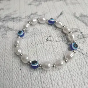 Faux Pearl & Evil Eye Stretch Bracelet - Slay’d Studio