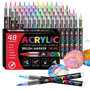 Acrylic Paint Markers Soft Brush Head Washable Quick Dry Waterproof, Ideal for Wood Stone Canvas Glass Fabric Egg Rock Painting DIY Crafts, Art Drawing Supplies Acrylic Art Kit