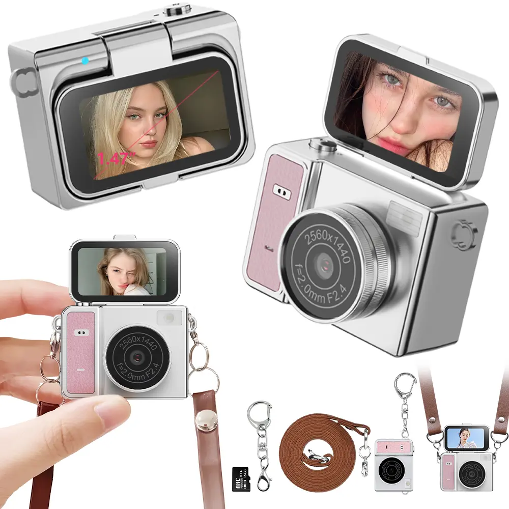 Mini Keychain Digital Camera – Pocket-Size Camera 2K HD, Flash & 1.47" Flip Screen, 16G Card & Leather lanyard Included, Retro Vlog Camera for Travel, Concerts, girl & Instant Party, Y2K Style