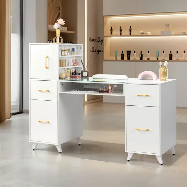 Professional Manicure Table Nail Station,Wooden Manicure Nail Desk for Technician,Manicures Nail Tech Tables,Wood Nails Workstation,with Drawers & Wrist Pad,for Home Spa Beauty Salon Studio (white)