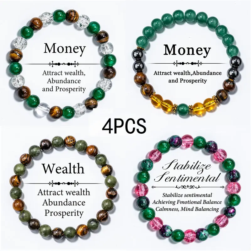4PCS Wealth & Love Bracelet Set Attract Money Stabilize Emotions Crystal Beads for Abundance Calm Perfect Gift Enhance Financial Emotional Well-being