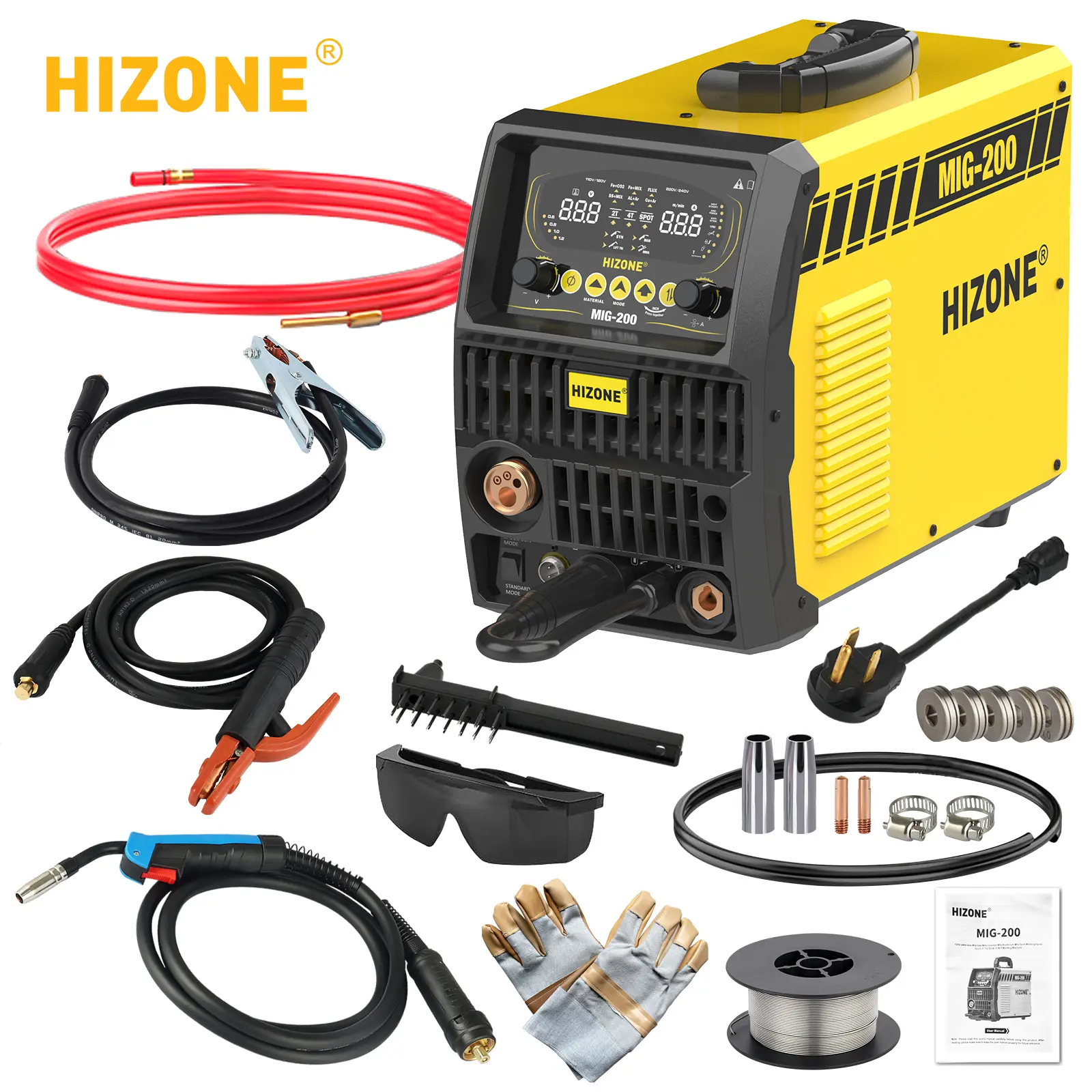 HIZONE 200A MIG-200 aluminum welder, 8-in-1 aluminum and copper multifunctional welder, can be connected to a wire drawing welding gun (not equipped with a argon arc welding gun/wire drawing gun)