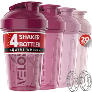 VELOMIX 20 Oz 4-Pack Berry Blend Protein Shaker Drink Bottles, Leak-Proof BPA-Free Dishwasher-Safe Gym Accessories with Secure Twist Lid, Removable Mixing Ball for Protein Mixes & Shakes, Drink Bottle