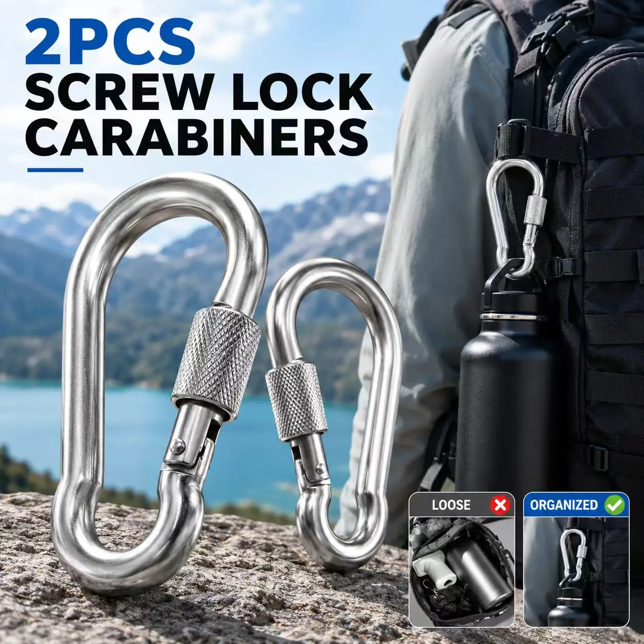 2-Pieces 304 Stainless Steel Screw-Lock Carabiner Clips, Rust-Resistant Heavy-Duty Snap Hooks with Secure Twist Lock, for Camping Gear, Backpacks, Everyday Utility, Snap Hook
