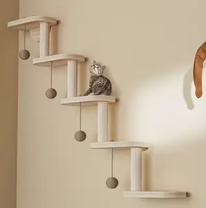 DIY Modular Cat Wall Climbing Shelf with 4 Cat Balls - Multi-Level Cat Tree Furniture for Indoor Cats, Space-Saving Wall-Mounted Perches & Play Activity Center, Cat Climbing Wall System, Multitier Cat Furniture, Wooden Cat Furniture