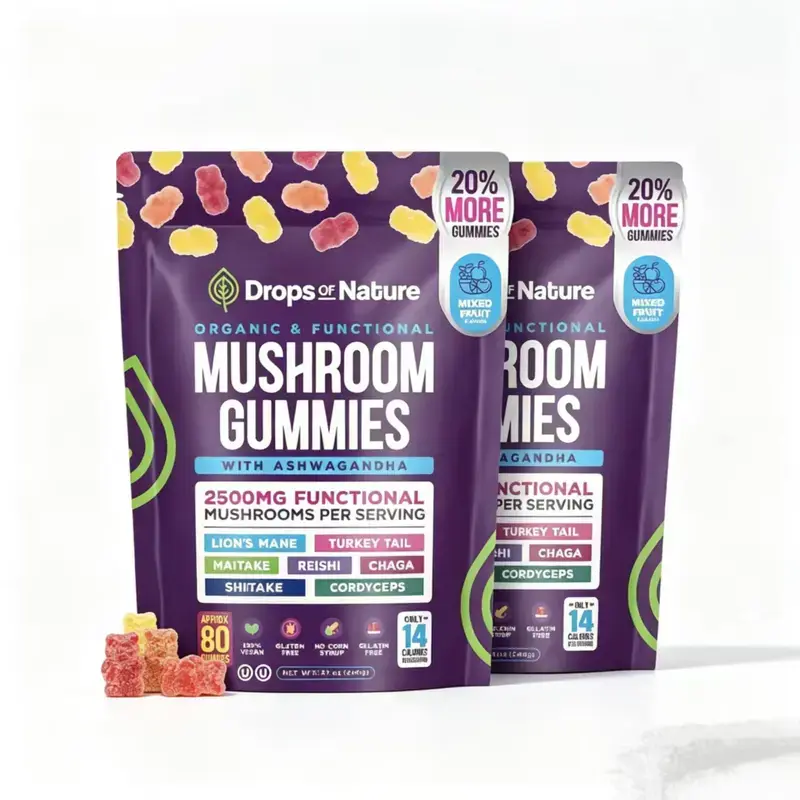 Drops Of Nature Mushroom Gummies| Ashwagandha KSM-66, Lion's Mane, Shiitake, Turkey Tail, Reishi, Maitake, Chaga, Cordyceps| Vegan Mushroom Supplement| Mixed Fruit, 80 Gummies