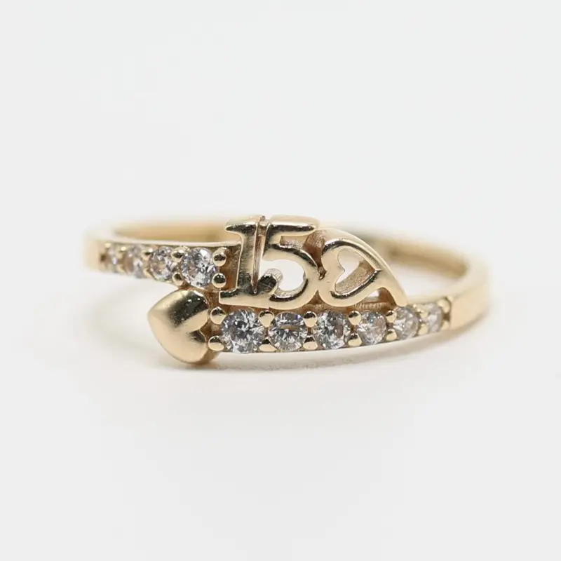 14K Gold XV Arrow Ring with Hearts & CZ Stones